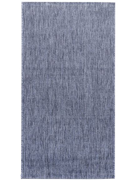 Blau-grau gemusterter rechteckiger Teppich, flach gewebt ohne sichtbare Verzierungen.