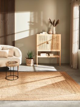 Kommode steht vor Wand, dekoriert mit Trockenpflanzen, links Sofa, Pflanze und kleiner Tisch im Raum.