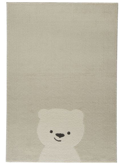Kinderteppich zeigt bäriges Gesicht unten, beige Hintergrund, einfache Gestaltung, weich strukturiert.