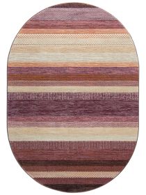 Ovaler Teppich zeigt horizontale Streifen in Lila-, Beige- und Brauntönen auf weißem Hintergrund.