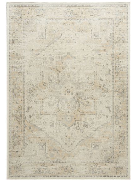 Heller Teppich mit floralem Ornament und geometrischem Muster auf hellem Hintergrund.