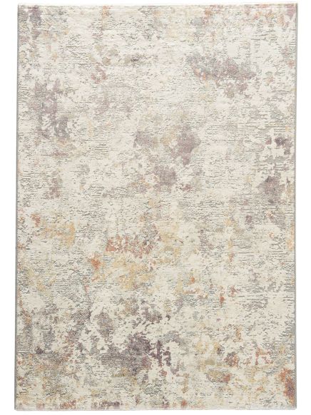 Teppich zeigt abstraktes, farblich dezentes Muster in Grau, Beige, Gelb und Braun.