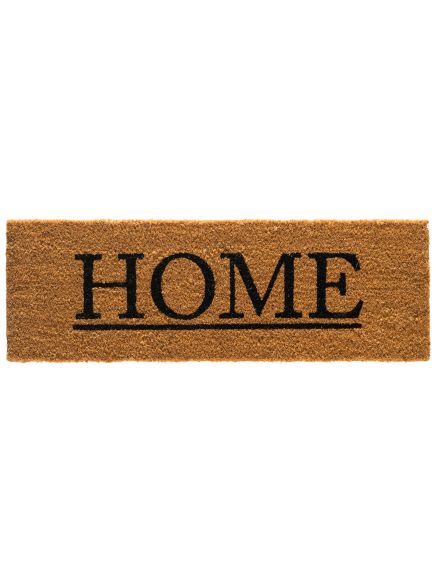 Fußmatte zeigt das Wort "HOME" in großen schwarzen Buchstaben auf braunem Hintergrund.