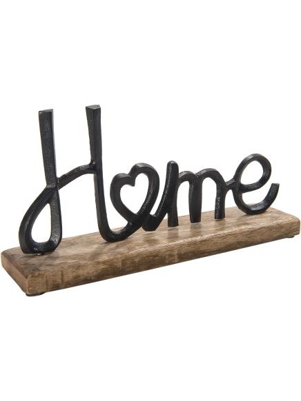 Dekoratives Wort "Home" aus schwarzem Metall mit Herzform auf rechteckigem Holzsockel stehend.