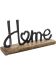 Dekoratives Wort "Home" aus schwarzem Metall mit Herzform auf rechteckigem Holzsockel stehend.