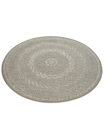 Ovaler Teppich liegt flach mit Muster aus ineinander verschlungenen, spiralförmigen Linien.