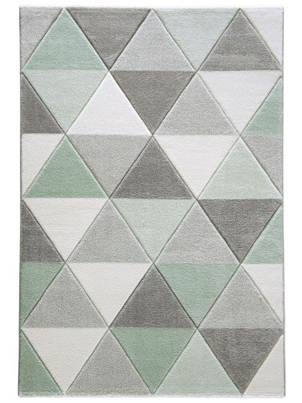 Teppich zeigt geometrisches Muster aus Dreiecken in Grau, Weiß und Grün auf weißem Hintergrund.