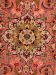 Orientalischer Teppich zeigt symmetrisches Blumenmuster mit roten, blauen, cremefarbenen und grünen Details auf rosa Hintergrund.
