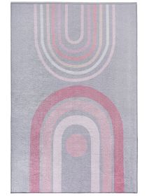 Teppich zeigt geometrische Muster mit Bögen und Kreis in Rosa- und Grautönen auf grauem Grund.