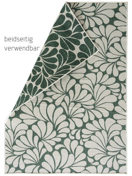 Teppich zeigt beidseitiges Blattmuster in Grün und Beige, Ecke umgeschlagen, Text "beidseitig verwendbar"