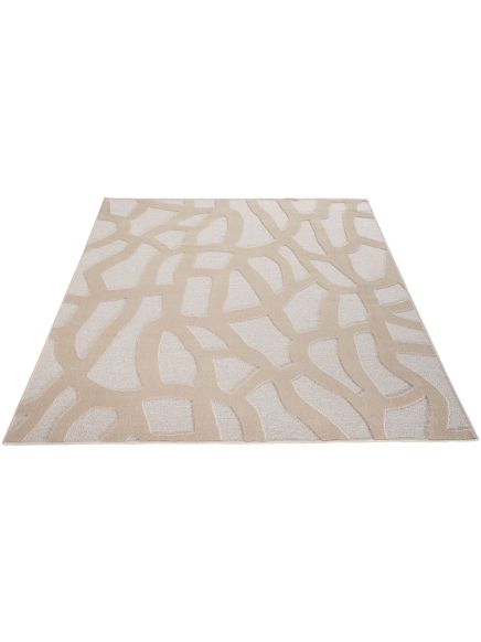 Quadratischer Teppich zeigt abstraktes Linienmuster in Beige und Hellgrau auf weißem Hintergrund.