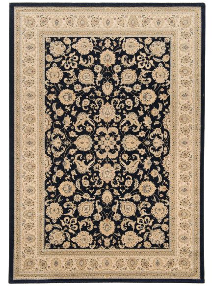 Teppich zeigt floral gemusterten schwarzen Mittelteil mit beigem verziertem Rand.