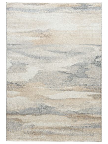 Teppich zeigt abstraktes Muster in beige und grau, liegt flach auf weißem Hintergrund.