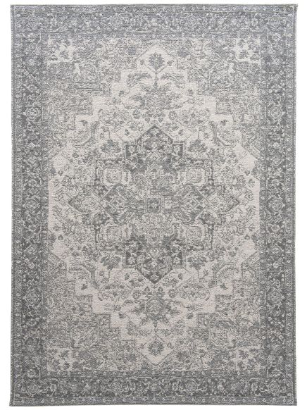 Teppich zeigt ornamentales, symmetrisches Muster in Grau- und Beigetönen ohne Text.