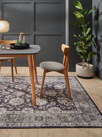 Stuhl steht neben Tisch mit Karaffe und Gläsern auf gemustertem Teppich im Raum mit Pflanze.