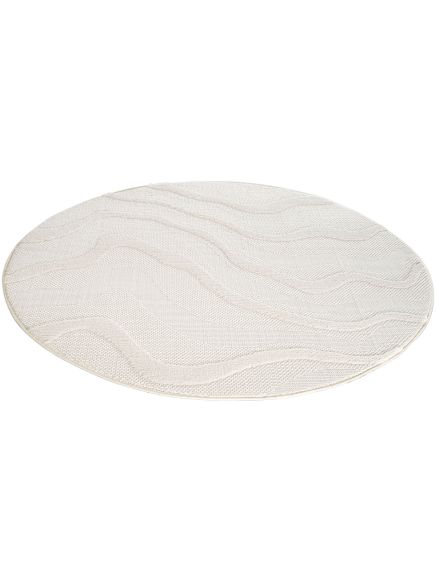Runder beige Teppich liegt auf weißem Hintergrund mit gewelltem Muster in verschiedenen Strukturen.
