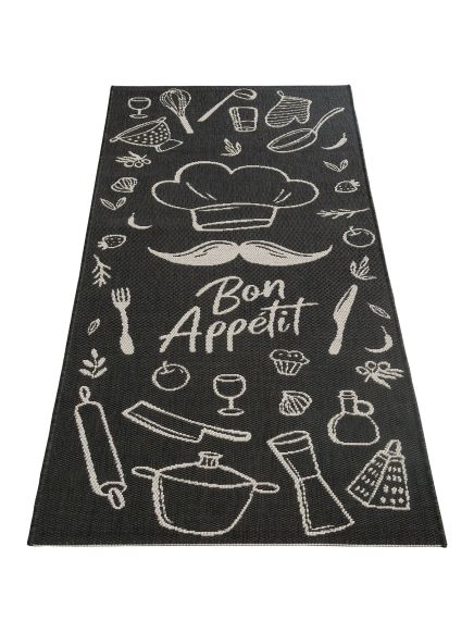 Küchenmatte zeigt Kochmütze, Besteck, Töpfe, Gewürze und Text "Bon Appétit" vor weißem Hintergrund.