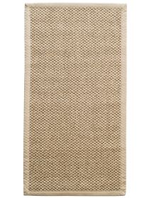 Rechteckiger Teppich zeigt dicht gewebtes Muster in beige mit breitem einfarbigem Rand.