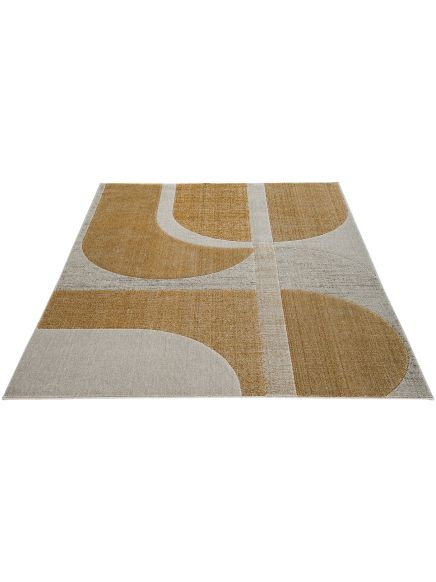 Teppich liegt flach, zeigt geometrisches Muster in Braun und Grau mit Halbkreisformen.