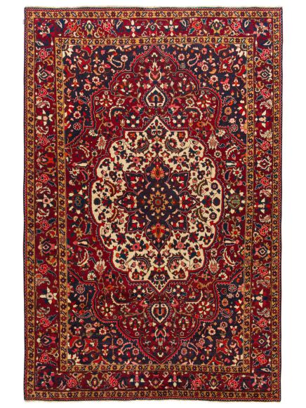 Orientteppich zeigt florales Muster mit rotem, blauem und beige Hintergrund im Detail