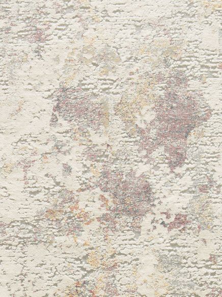 Teppich zeigt abstraktes Muster in Beige, Grau, Rot und Gelb mit unregelmäßiger Struktur.