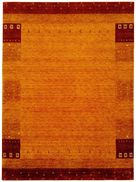 Rechteckiger Teppich mit orangen und roten Farbverläufen und kleinen quadratischen Mustern an den Ecken.