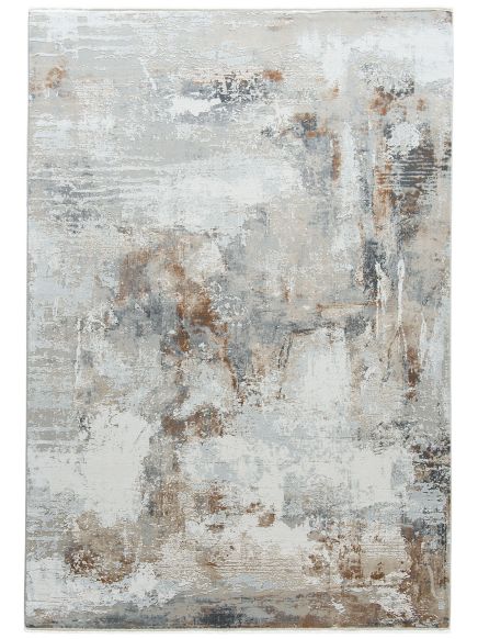 Teppich zeigt abstraktes Muster in Grau-, Beige- und Brauntönen auf hellem Hintergrund.