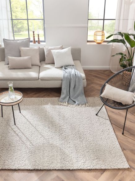 Sofa mit Kissen und Decke steht vor Fenstern, Tisch mit Karaffe und Glas auf hellgem Teppich.