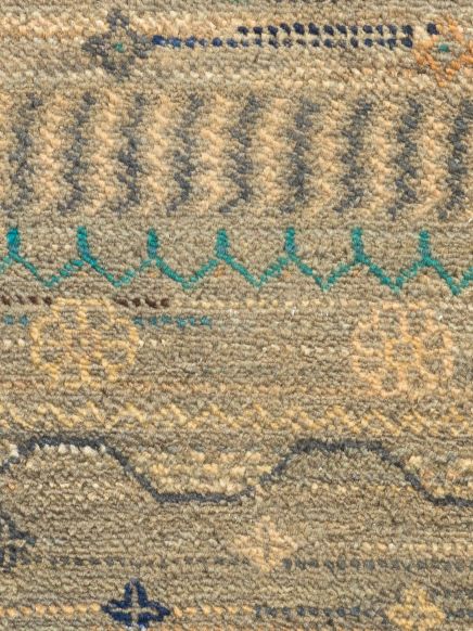 Nahaufnahme eines Teppichs mit geometrischen und floralen Mustern in gedeckten Farben.