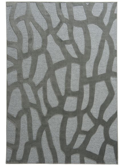 Teppich zeigt unregelmäßiges, verzweigtes Linienmuster in Grau- und Blautönen.