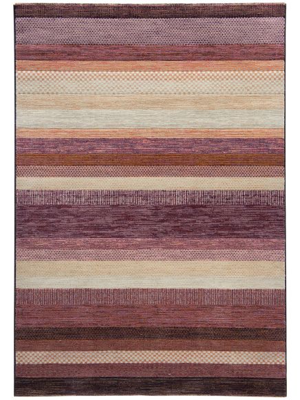 Rechteckiger Teppich mit horizontalen Streifen in Brauntönen, Creme und Rosa, gemustert.