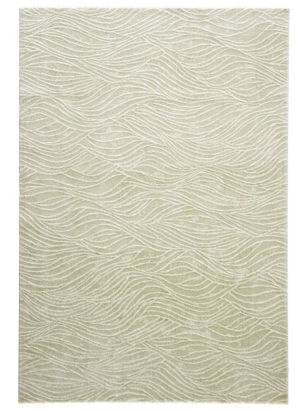 Teppich zeigt gewellte Linienmuster, helle beige und cremefarben, flacher Hintergrund.