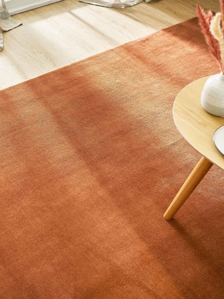 Oranger Teppich liegt auf hellem Holzboden, daneben Tisch mit Vase und Deko im Raum.