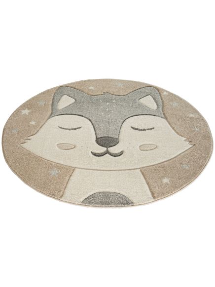 Runder Teppich mit schlafendem Fuchsgesicht und Sternen auf beige Hintergrund.
