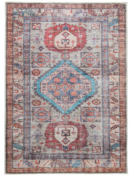 Teppich zeigt geometrische und florale Muster in Rot, Blau und Beige auf hellem Hintergrund.