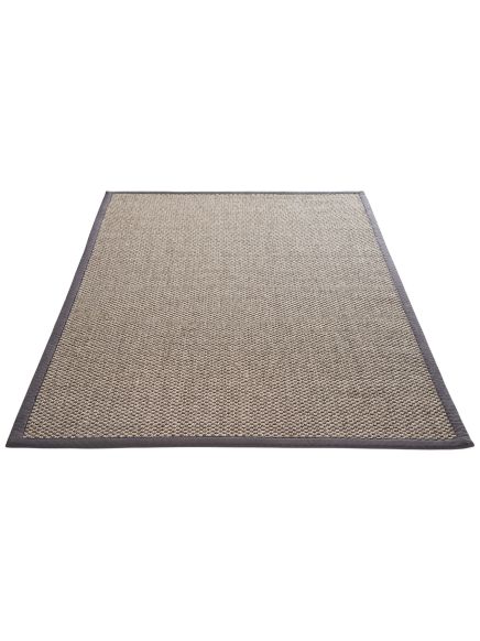 Rechteckiger Teppich liegt flach, beige mit grauem Rand, vor weißem Hintergrund.