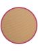 Runder Teppich mit beige-grauer Webstruktur und rosa Außenkante auf weißem Hintergrund.