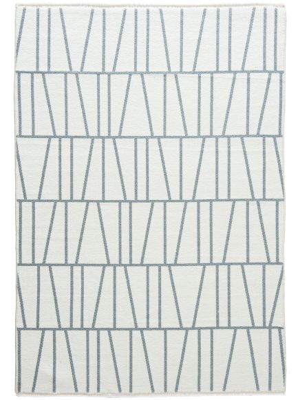 Teppich zeigt graue geometrische Linienmuster aus mehrfachen Rechtecken auf weißem Hintergrund.