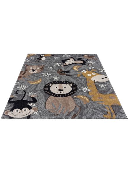 Kinderteppich zeigt Löwe, Giraffe, Affe, Vogel und Tiger vor grauem Hintergrund mit Blumen.