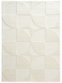 Quadratischer Teppich zeigt kreisförmige Muster aus hellen und cremefarbenen Segmenten.