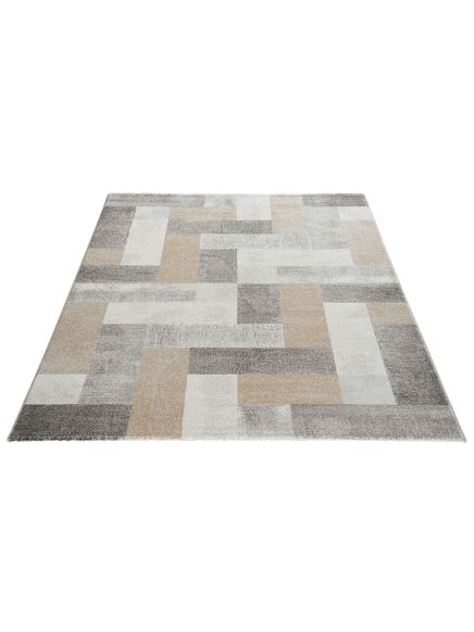 Rechteckiger Teppich mit geometrischem Muster in Grau, Beige und Weiß auf weißem Hintergrund.