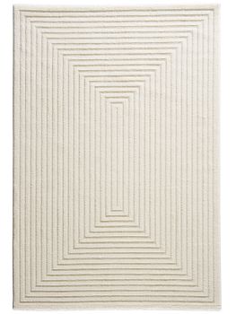 Rechteckiger Teppich liegt flach, zeigt gestuftes rechteckiges Linienmuster, hellbeige Hintergrund.