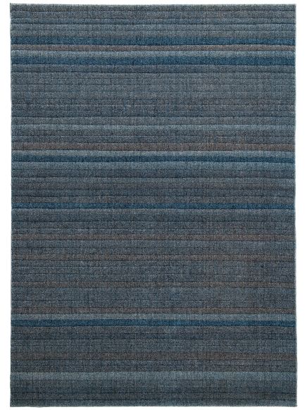 Teppich zeigt graue und blaue Streifen in horizontaler Ausrichtung auf hellem Hintergrund.