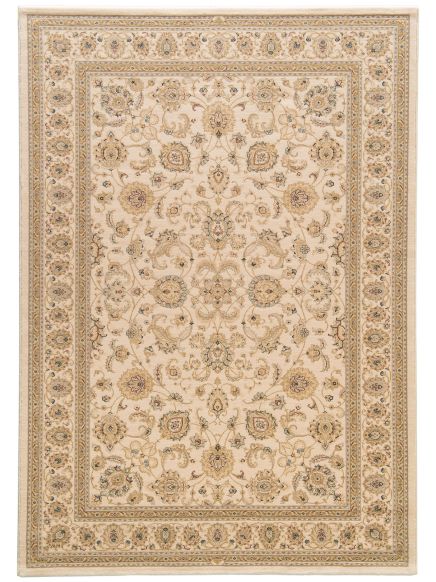 Teppich zeigt florales Muster mit Blumen und Ornamenten in Beige- und Brauntönen auf hellem Grund.