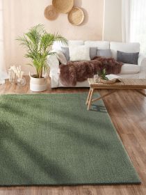 Großer grüner Teppich liegt auf Holzboden vor einem weißen Sofa mit Decke und Kissen in Wohnzimmer.