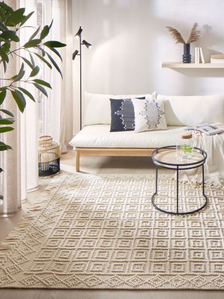 Sofa mit Kissen steht vor Wand, Couchtisch mit Glas auf gemustertem Teppich, Pflanze links.