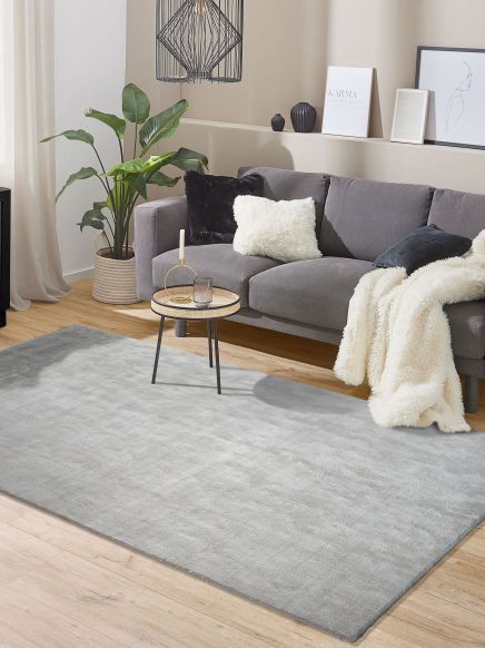 Graues Sofa mit weißen Kissen steht vor einem Tisch auf einem hellen Teppich, Pflanze links, Kunstwerke.